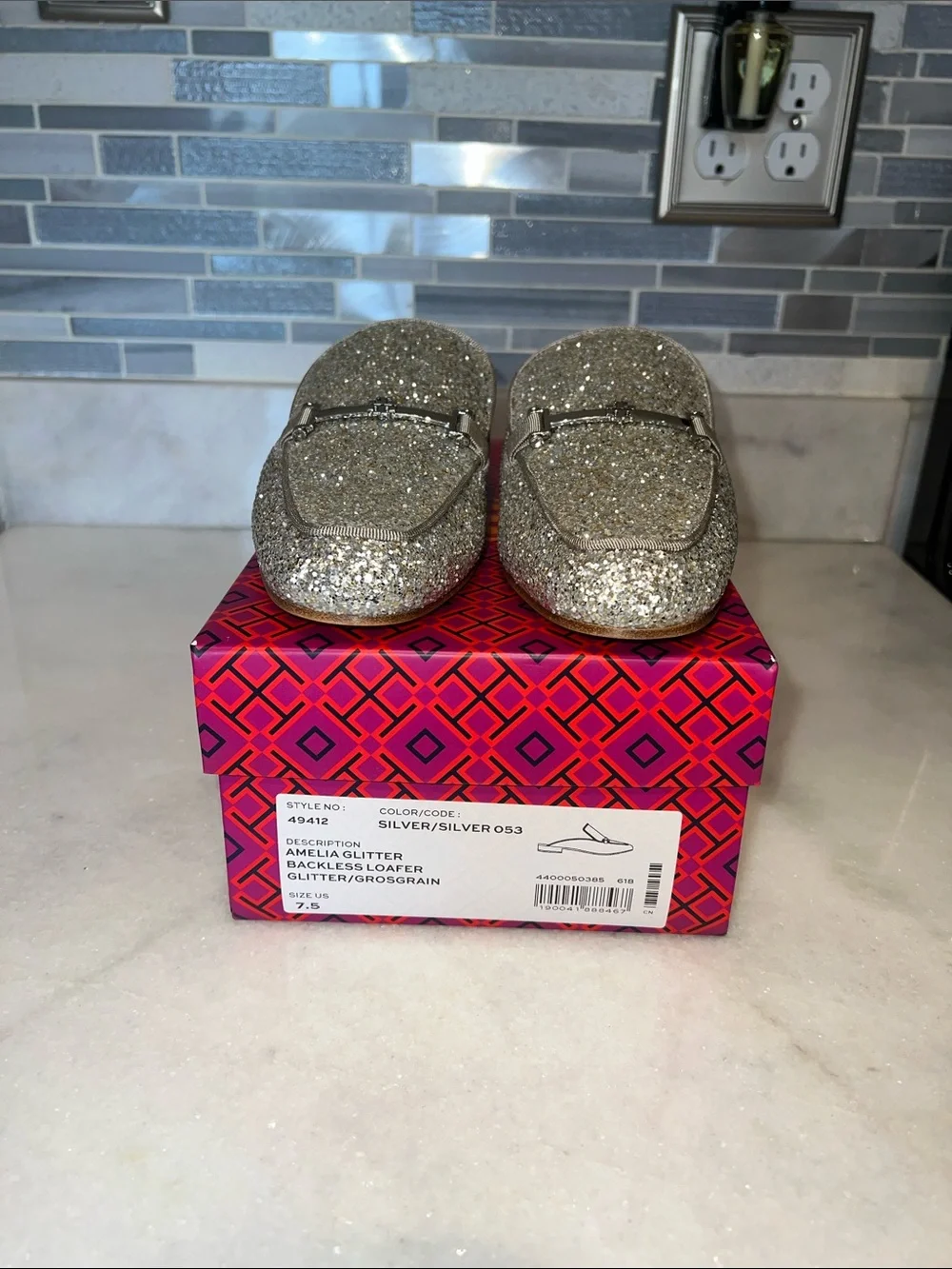 NWT Tory Burch Amelia Glitter Backless Loafers